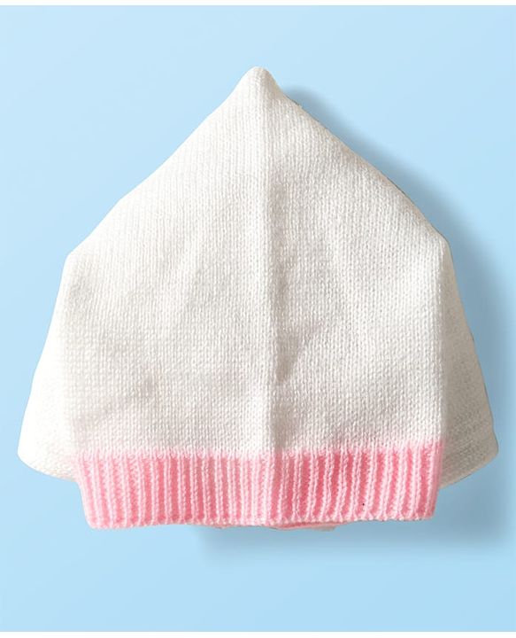 Babyhug Knit Full Sleeves Color Blocked Front Open Sweater Set with Pair of Mittens & Cap - Pink & White