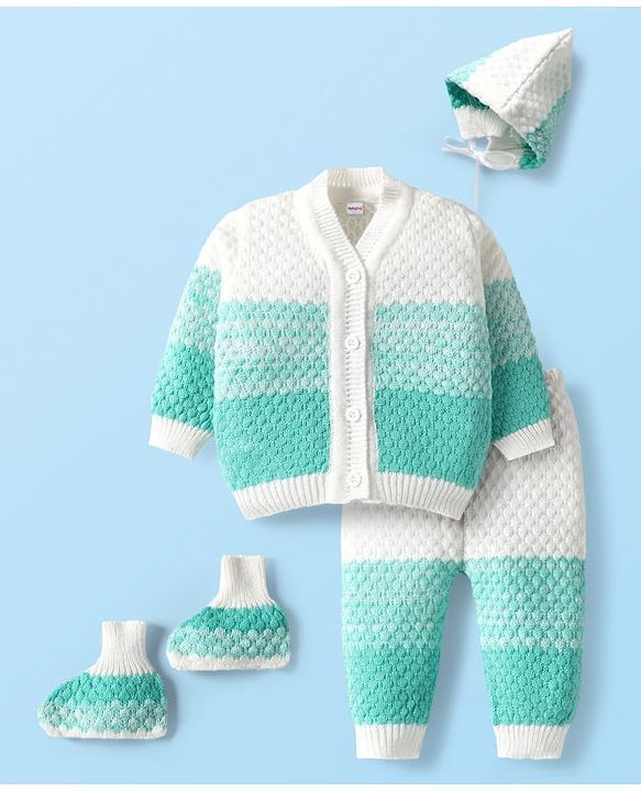 Babyhug Knit Full Sleeves Front Open Sweater Set with Booties & Cap Cable Knit Design - White & Turquoise