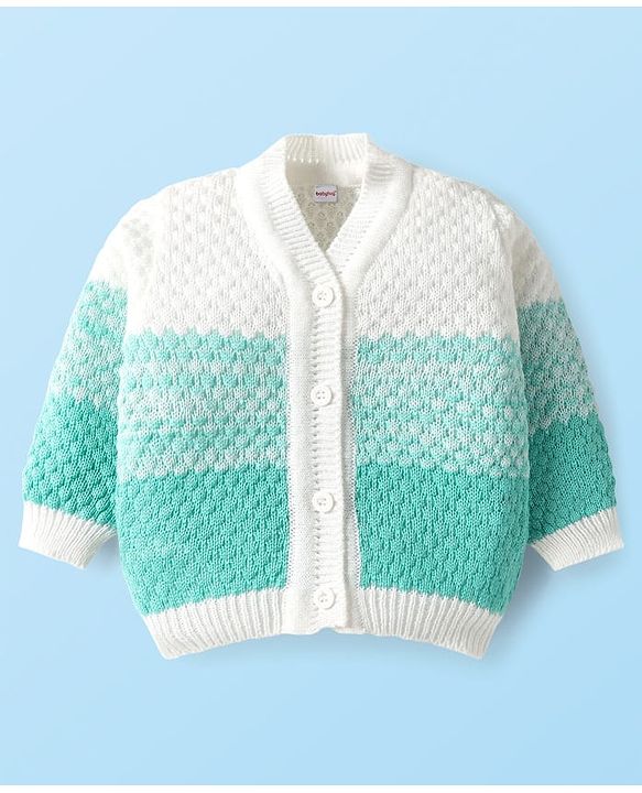 Babyhug Knit Full Sleeves Front Open Sweater Set with Booties & Cap Cable Knit Design - White & Turquoise