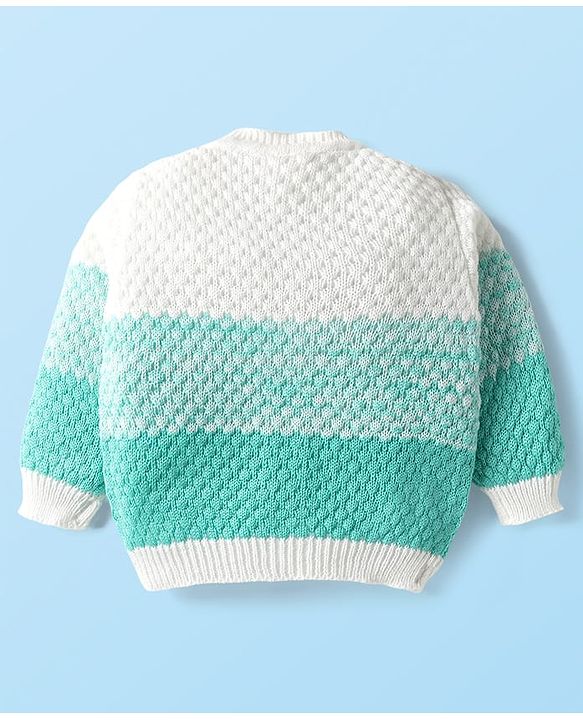 Babyhug Knit Full Sleeves Front Open Sweater Set with Booties & Cap Cable Knit Design - White & Turquoise