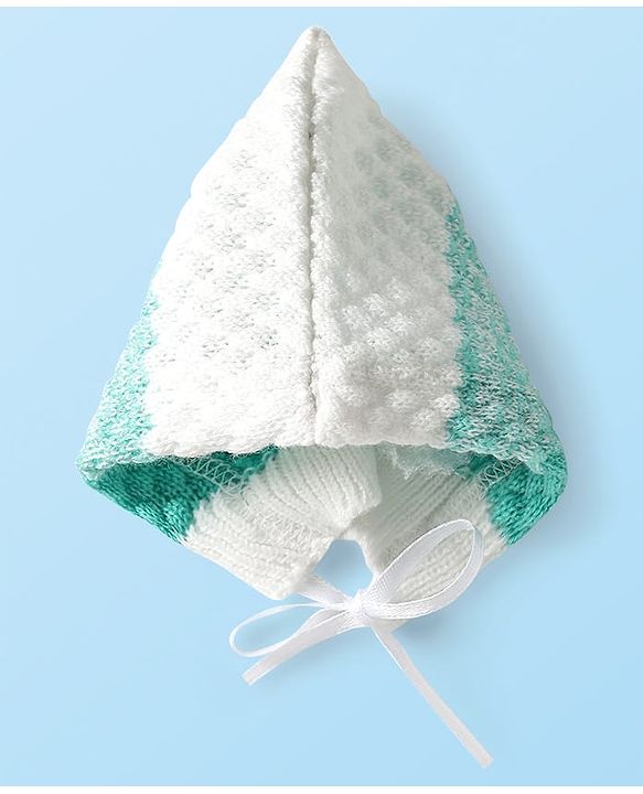 Babyhug Knit Full Sleeves Front Open Sweater Set with Booties & Cap Cable Knit Design - White & Turquoise
