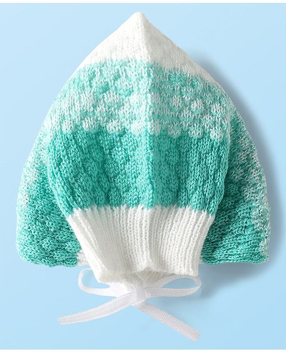 Babyhug Knit Full Sleeves Front Open Sweater Set with Booties & Cap Cable Knit Design - White & Turquoise