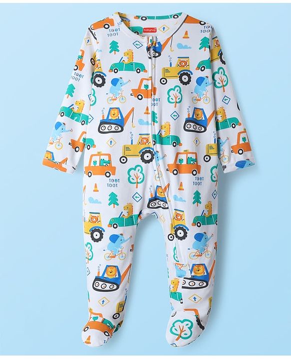 Babyhug Cotton Knit Full Sleeves Front Open Footed Sleep Suit with Vehicle & Animal Print - White