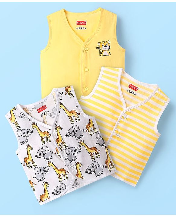 Babyhug 100% Cotton Front Open Sleeveless Jhablas With Stripes & Animal Print Pack Of 3 - Yellow & White