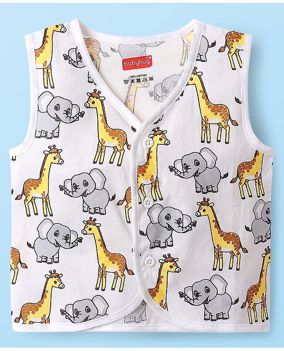 Babyhug 100% Cotton Front Open Sleeveless Jhablas With Stripes & Animal Print Pack Of 3 - Yellow & White