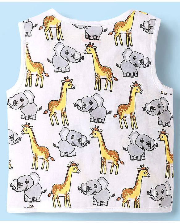 Babyhug 100% Cotton Front Open Sleeveless Jhablas With Stripes & Animal Print Pack Of 3 - Yellow & White