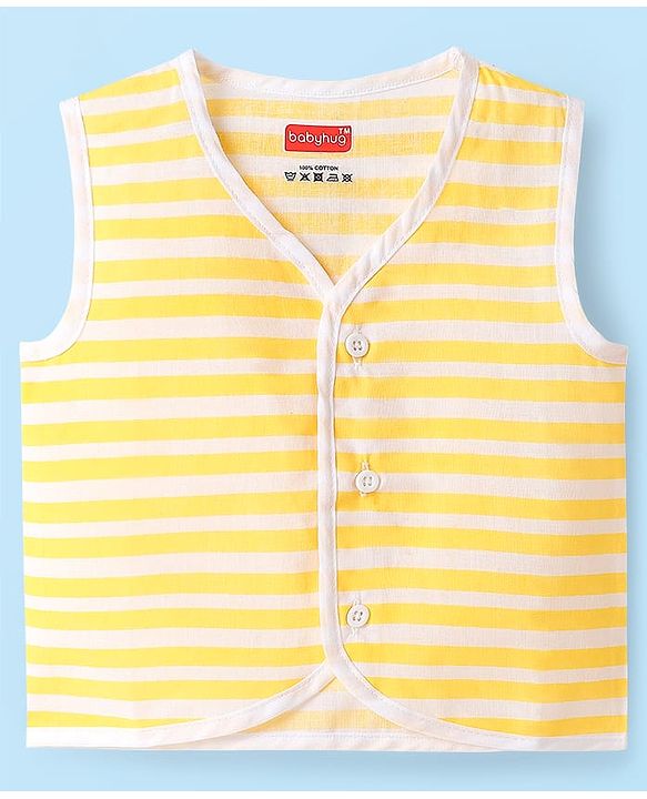 Babyhug 100% Cotton Front Open Sleeveless Jhablas With Stripes & Animal Print Pack Of 3 - Yellow & White