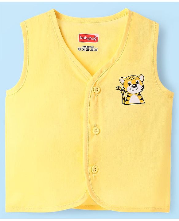 Babyhug 100% Cotton Front Open Sleeveless Jhablas With Stripes & Animal Print Pack Of 3 - Yellow & White