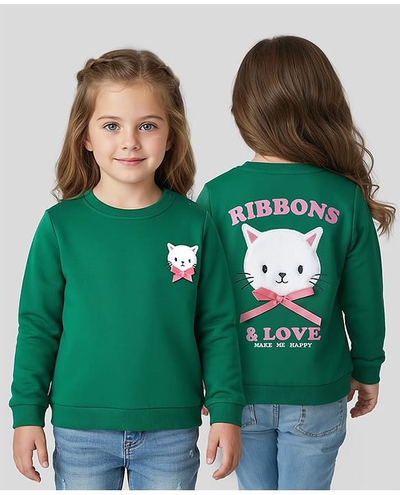 Babyhug Cotton Knit Full Sleeves Sweatshirt With Kitty Embroidery & Bow Applique - Green