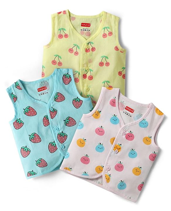 Babyhug 100% Cotton Cambric Woven Sleeveless Front Open Jhablas With Tropical Theme Print Pack of 3 - Light Blue Yellow & Light Pink