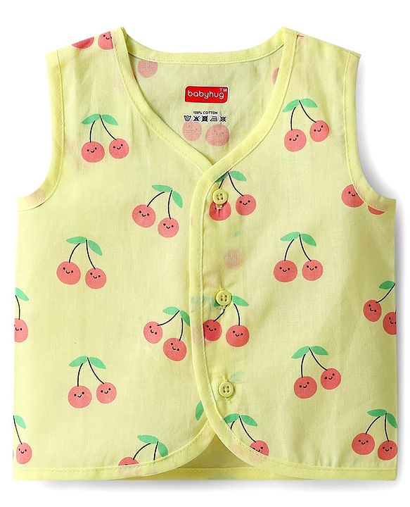 Babyhug 100% Cotton Cambric Woven Sleeveless Front Open Jhablas With Tropical Theme Print Pack of 3 - Light Blue Yellow & Light Pink