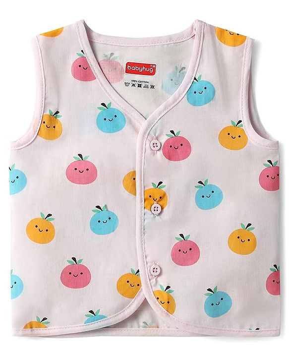 Babyhug 100% Cotton Cambric Woven Sleeveless Front Open Jhablas With Tropical Theme Print Pack of 3 - Light Blue Yellow & Light Pink