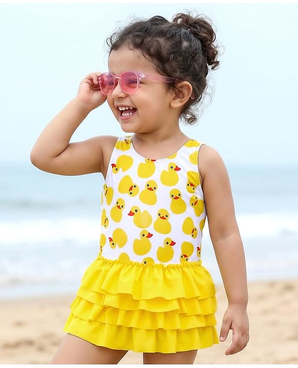 Babyhug Sleeveless Frock Swimsuit With Bird Print -White