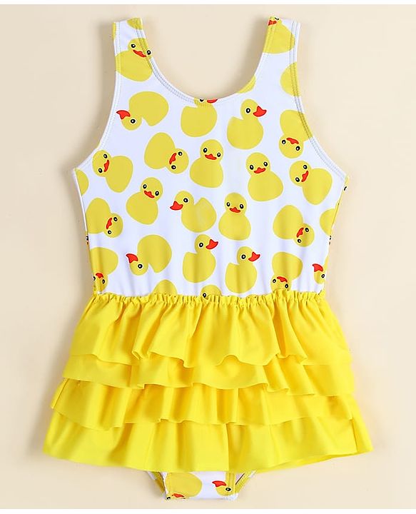 Babyhug Sleeveless Frock Swimsuit With Bird Print -White