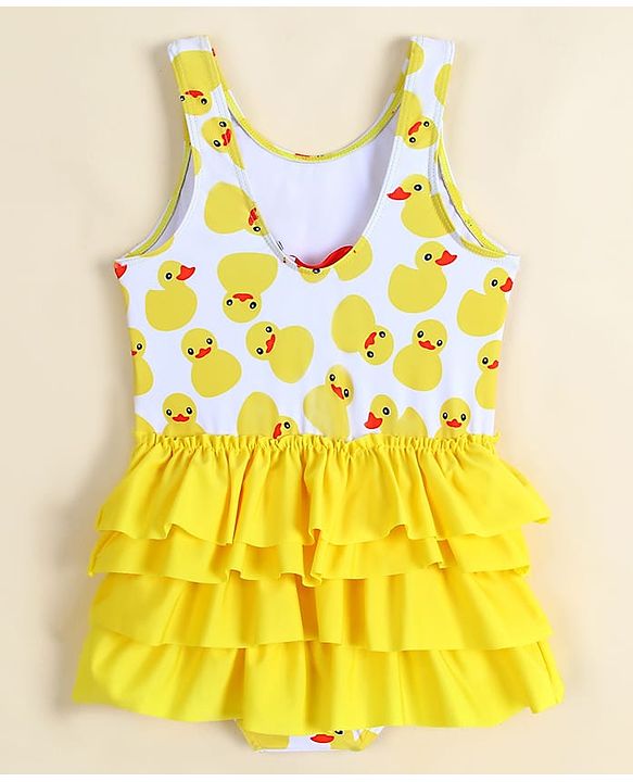 Babyhug Sleeveless Frock Swimsuit With Bird Print -White