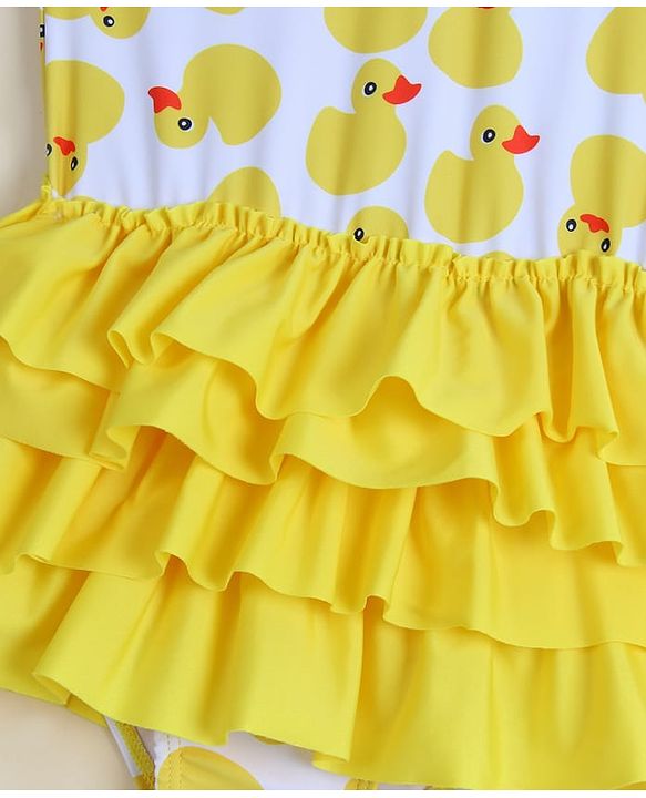 Babyhug Sleeveless Frock Swimsuit With Bird Print -White