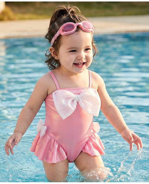Babyhug Sleeveless Frock Swimsuit With Bow Applique - PInk