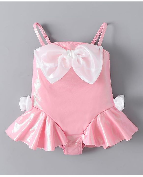 Babyhug Sleeveless Frock Swimsuit With Bow Applique - PInk