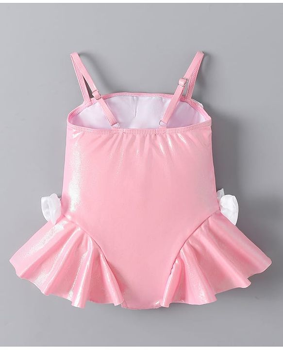 Babyhug Sleeveless Frock Swimsuit With Bow Applique - PInk