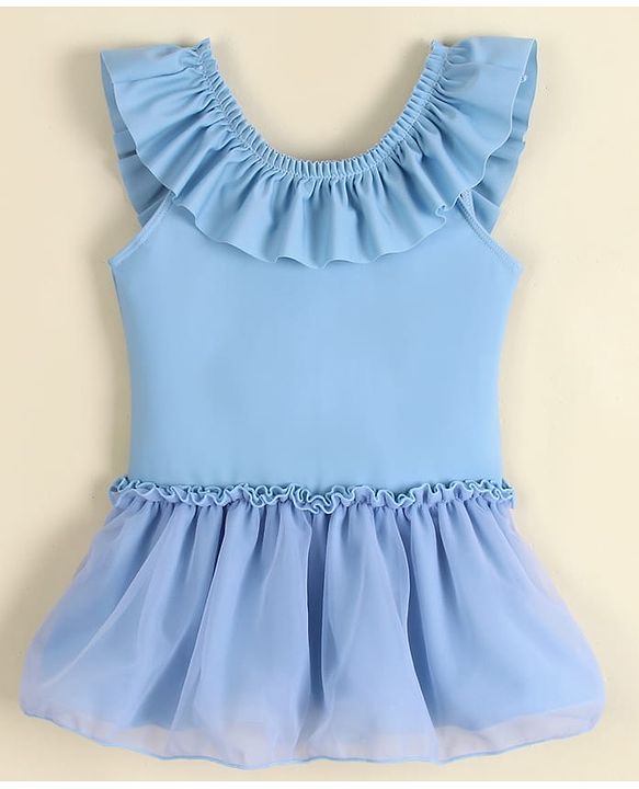 Babyhug Sleeveless Solid Colour Frock Swimsuit - Light Blue
