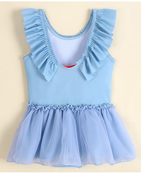 Babyhug Sleeveless Solid Colour Frock Swimsuit - Light Blue