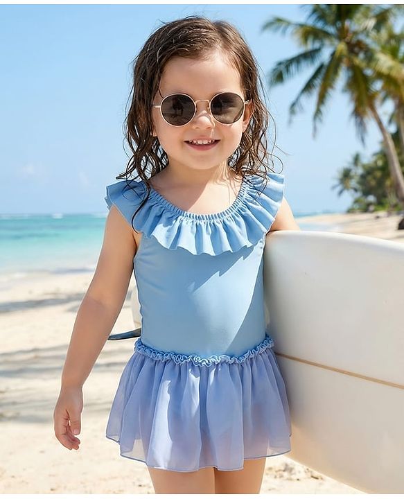 Babyhug Sleeveless Solid Colour Frock Swimsuit - Light Blue