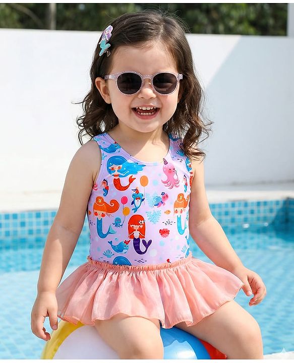 Babyhug Sleeveless Frock Swimsuit With Mermaid Print - Light Blue