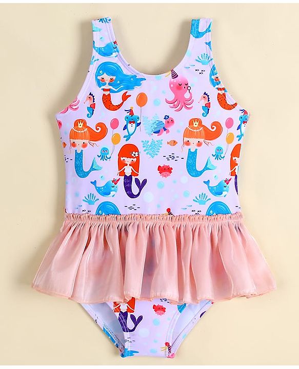 Babyhug Sleeveless Frock Swimsuit With Mermaid Print - Light Blue