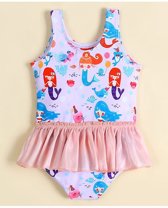 Babyhug Sleeveless Frock Swimsuit With Mermaid Print - Light Blue