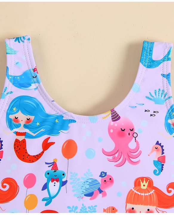 Babyhug Sleeveless Frock Swimsuit With Mermaid Print - Light Blue