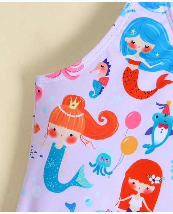 Babyhug Sleeveless Frock Swimsuit With Mermaid Print - Light Blue