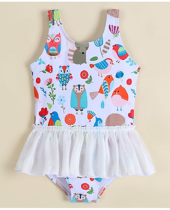 Babyhug Sleeveless Printed Frock Swimsuit -White