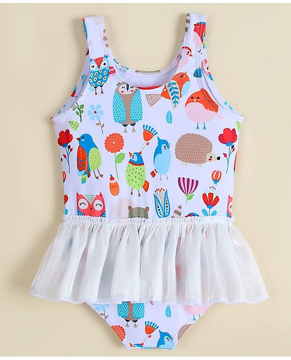 Babyhug Sleeveless Printed Frock Swimsuit -White