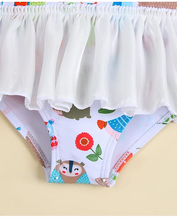 Babyhug Sleeveless Printed Frock Swimsuit -White