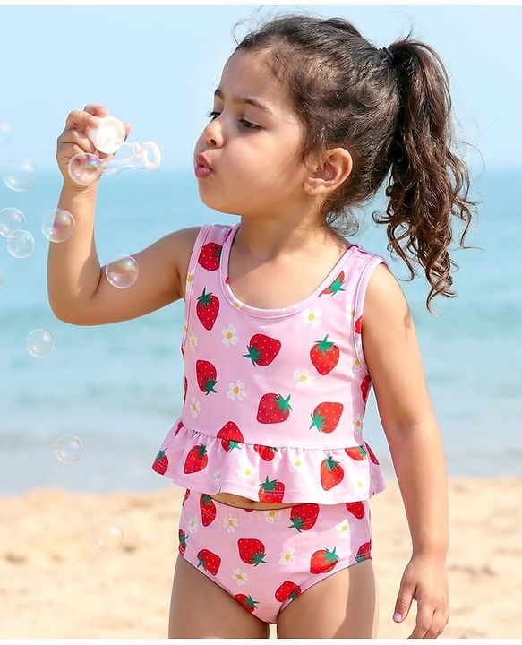 Babyhug Sleeveless Two Piece Swimsuit With Tropical Print - Pink