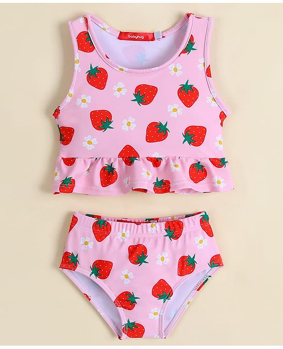 Babyhug Sleeveless Two Piece Swimsuit With Tropical Print - Pink