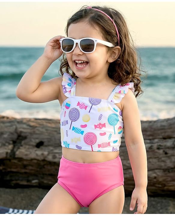 Babyhug Sleeveless Two Piece Swimsuit With Candy Print - White