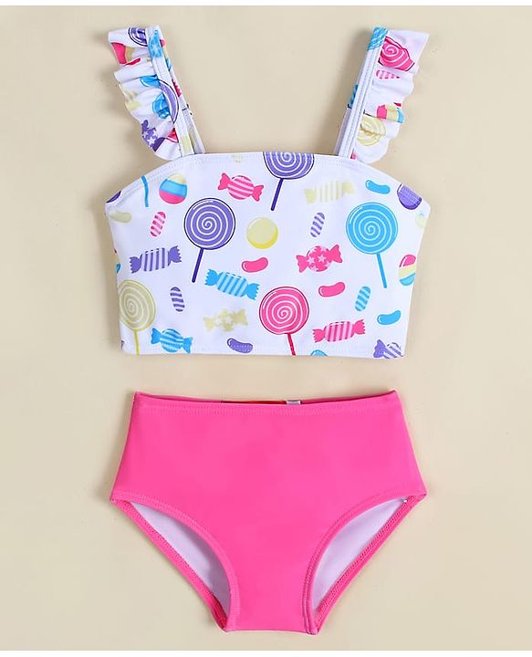 Babyhug Sleeveless Two Piece Swimsuit With Candy Print - White