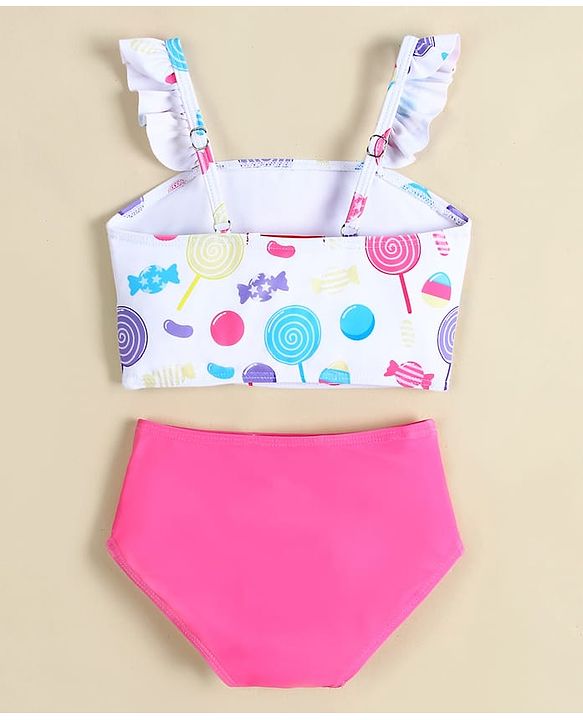 Babyhug Sleeveless Two Piece Swimsuit With Candy Print - White