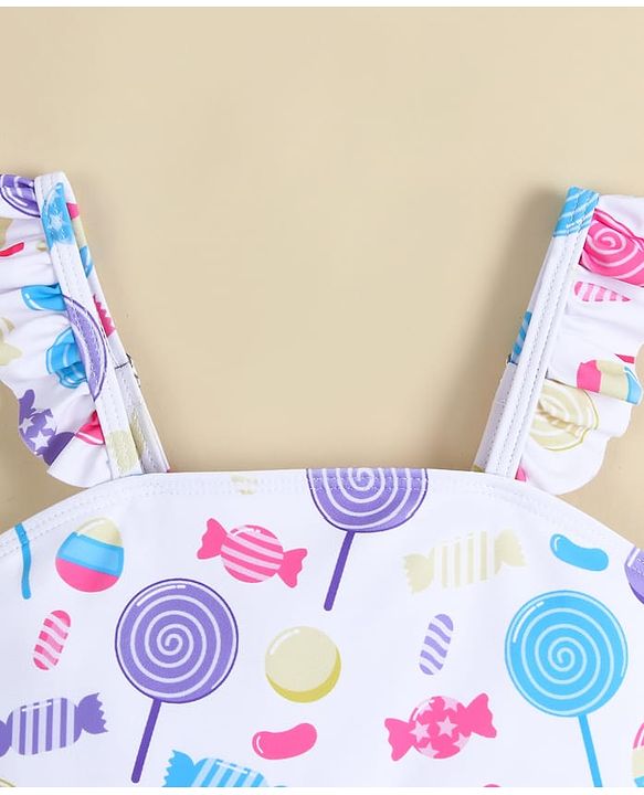 Babyhug Sleeveless Two Piece Swimsuit With Candy Print - White