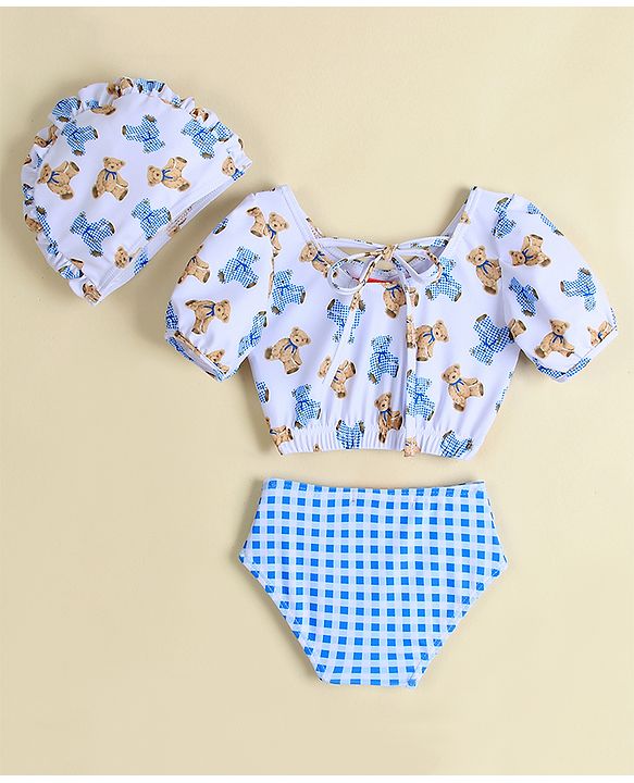 Babyhug Two Piece Swimsuit With Animal Print & Cap - Light Blue