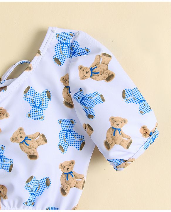 Babyhug Two Piece Swimsuit With Animal Print & Cap - Light Blue