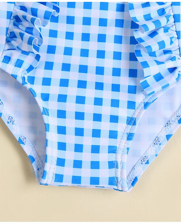 Babyhug Two Piece Swimsuit With Animal Print & Cap - Light Blue