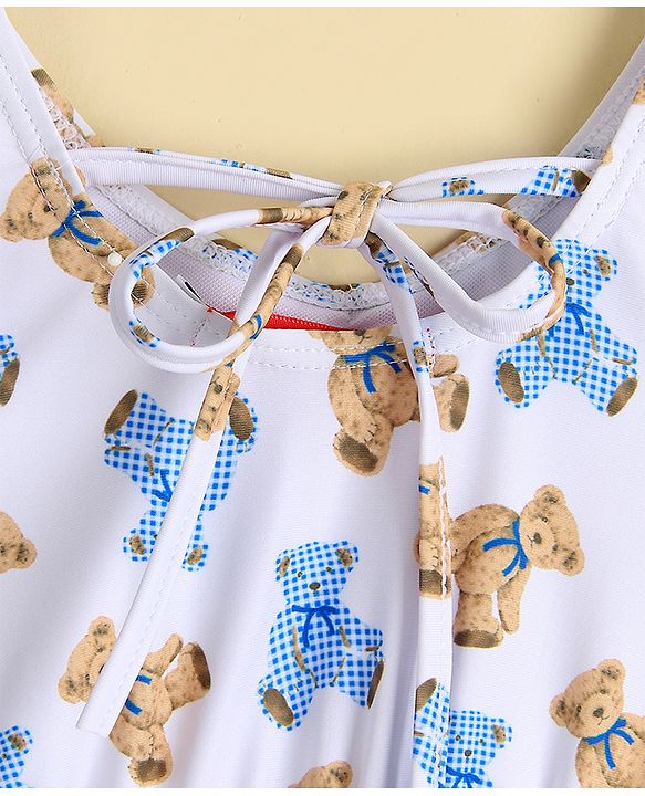 Babyhug Two Piece Swimsuit With Animal Print & Cap - Light Blue