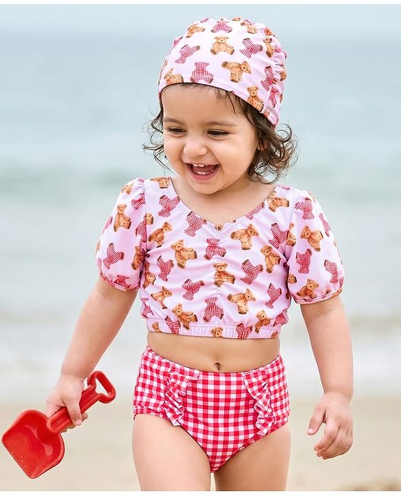 Babyhug Half Sleeves Two Piece Swimsuit With Animal Print - Red