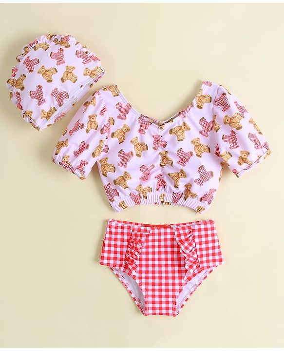 Babyhug Half Sleeves Two Piece Swimsuit With Animal Print - Red
