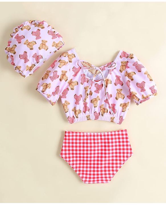 Babyhug Half Sleeves Two Piece Swimsuit With Animal Print - Red