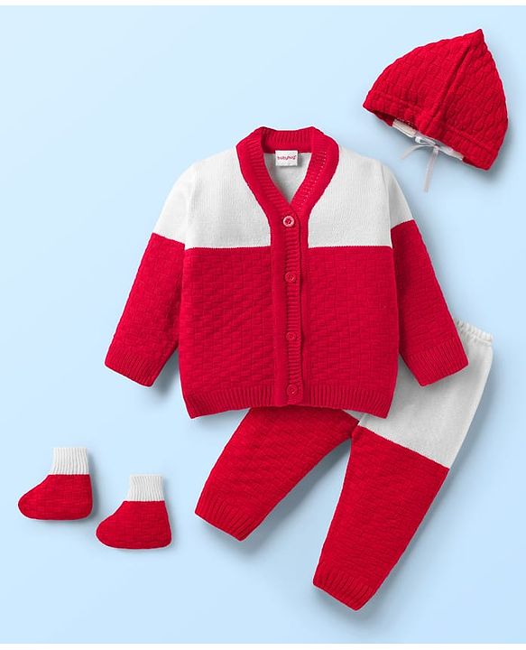 Babyhug Knit Full Sleeves Color Block Front Open Sweater Set with Cap & Booties - Red & White
