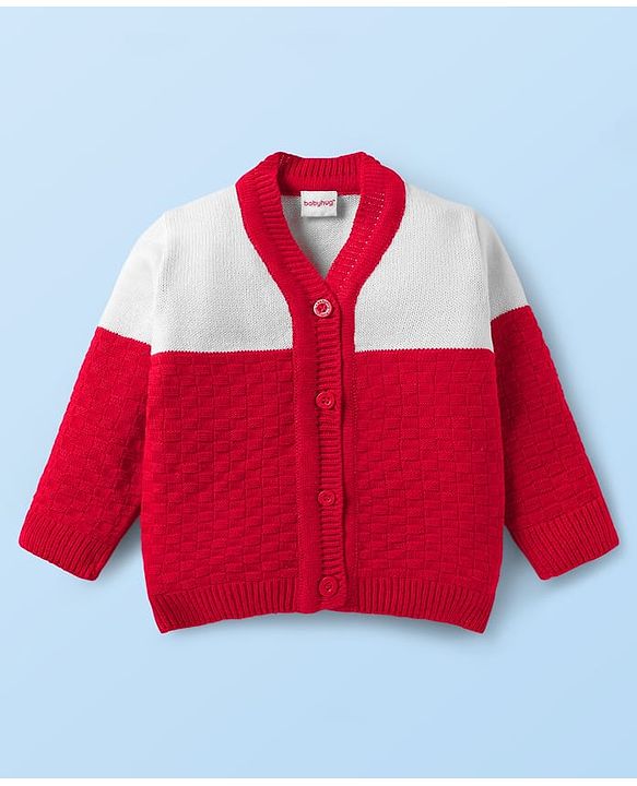 Babyhug Knit Full Sleeves Color Block Front Open Sweater Set with Cap & Booties - Red & White