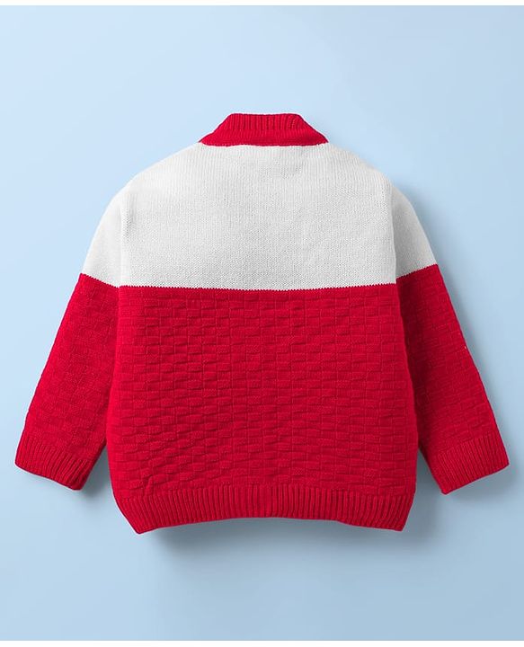 Babyhug Knit Full Sleeves Color Block Front Open Sweater Set with Cap & Booties - Red & White